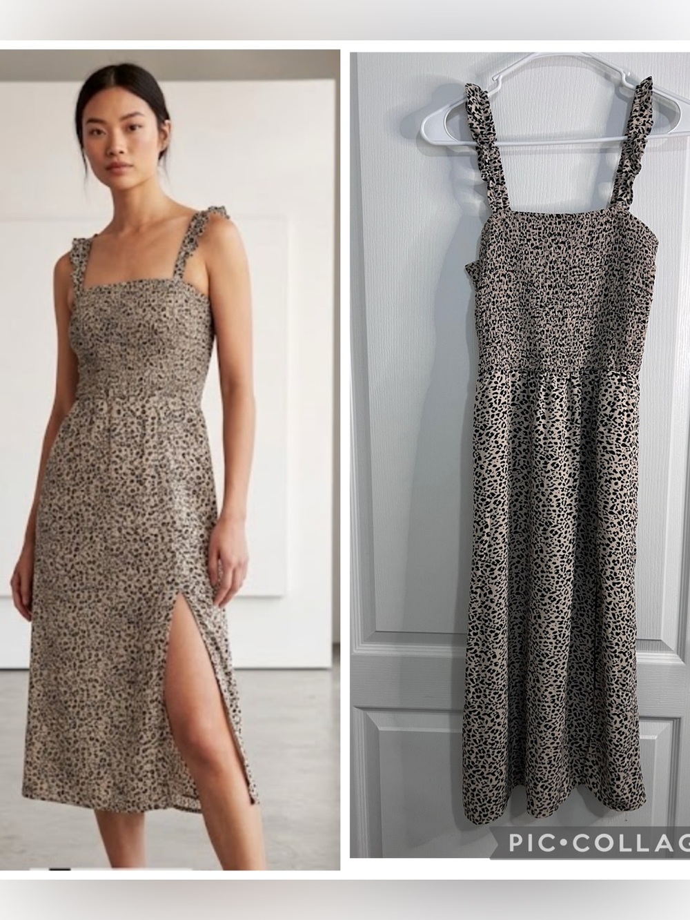 Abercrombie & Fitch Beige and Black Leopard-Print Smocked Midi Dress size MP